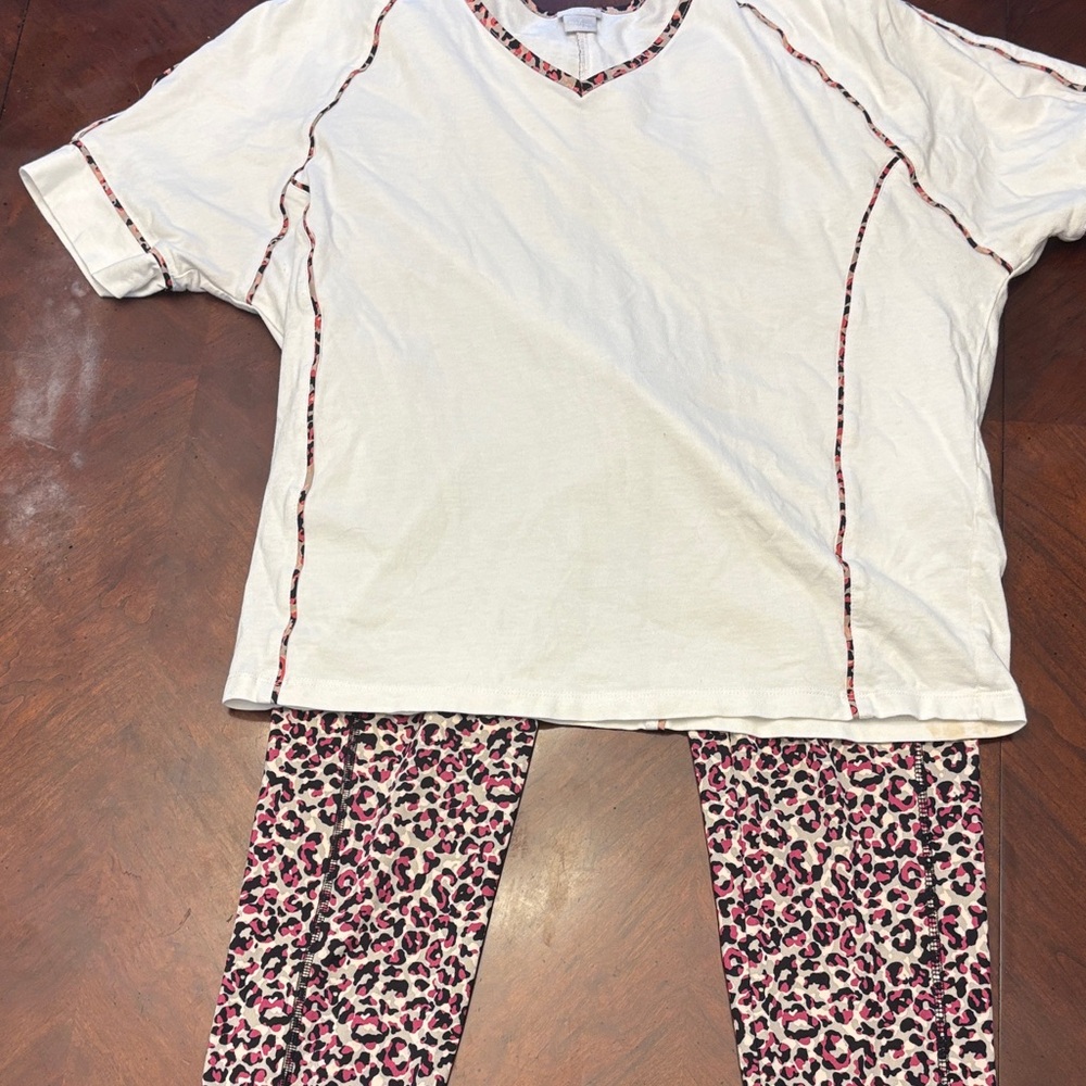Chico's White and Pink Leopard legging and shirt set
